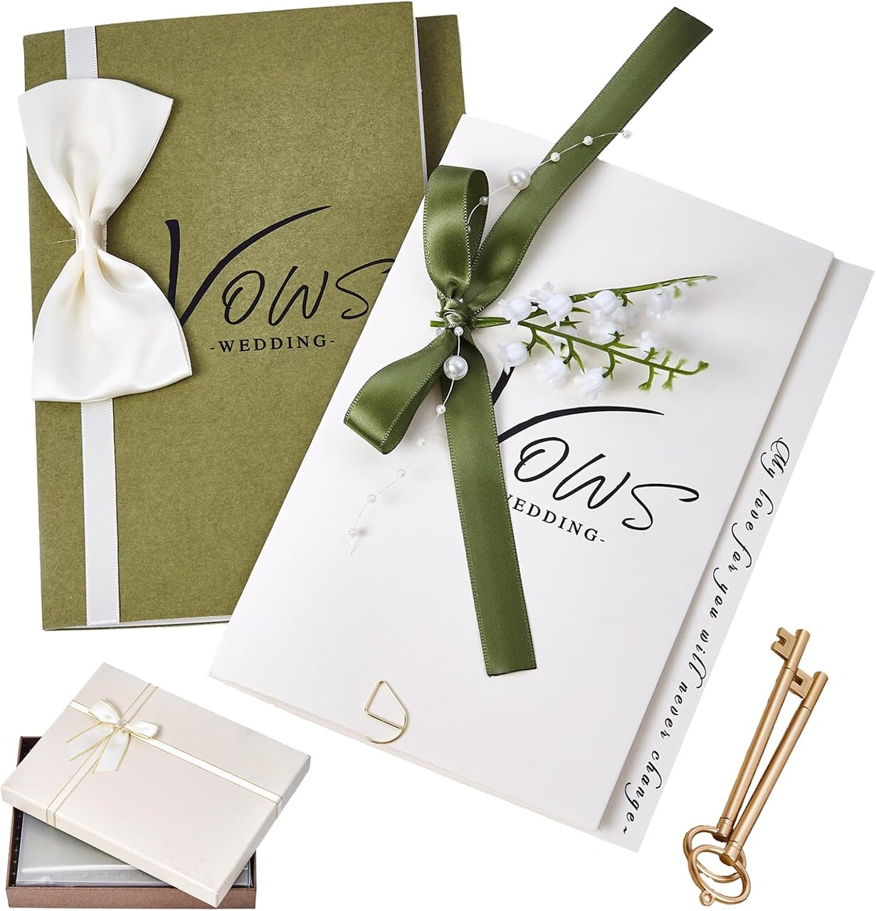 Elegant Wedding Vow Book Set for Bride & Groom - Green & White Lined Pages (Modern)